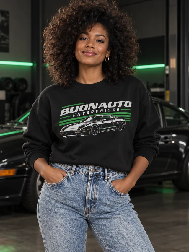 Adult model wearing 1980s-inspired Buonauto Enterprises retro crewneck