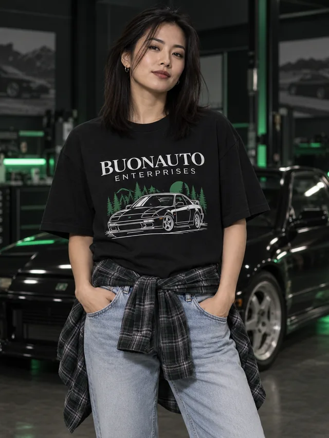 Adult model wearing 1990s-inspired Buonauto Enterprises classic graphic tee